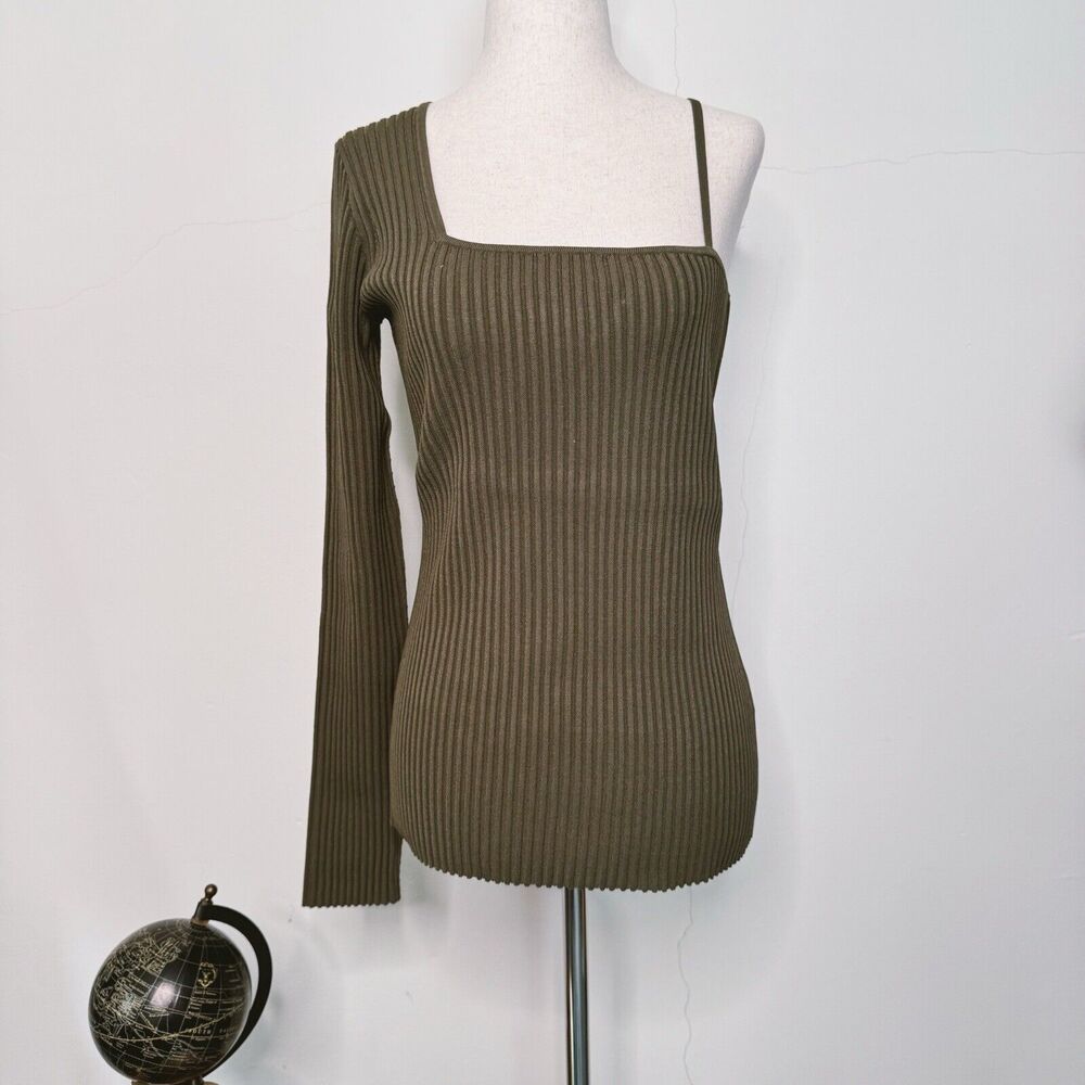 Helmet Lang Womens Top Cross Strap Rib Knit Cut Out Green Sleek Large NWT